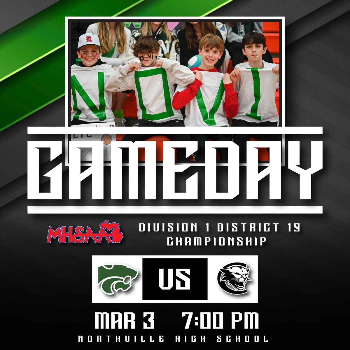 Bring the energy and let’s fill the gym with WHITE for the District Championship!! 🔥🏀 <a href="/NHSCatPack/">The Official Novi Cat Pack</a> #LGN

🆚 • South Lyon East High School
📍 • Northville High School
📅 • 3.3.23
⌚️ • 7:00 PM
📺 • nfhsnetwork.com
🎟️ • gofan.co

<a href="/NoviAthletics/">NoviAthletics</a> <a href="/NCSD/">Novi Community School District</a>