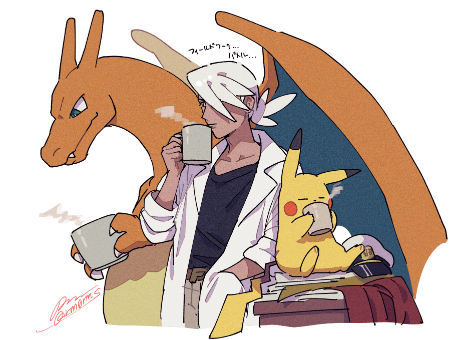 charizard ,pikachu pokemon (creature) 1boy holding cup male focus holding cup mug  illustration images