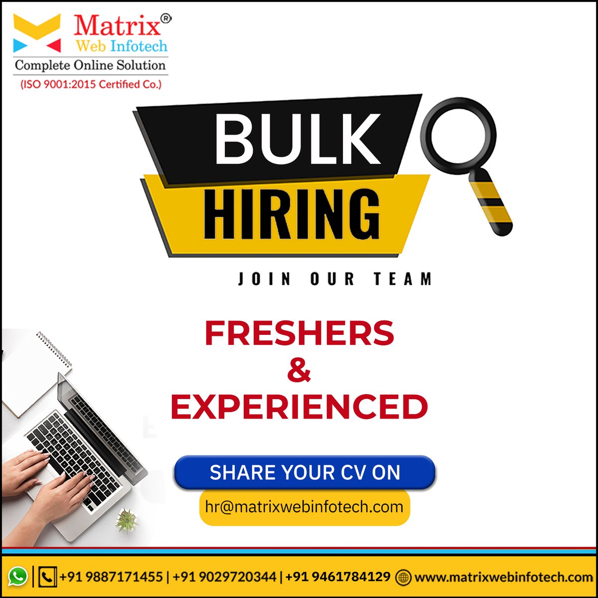 𝗝𝗼𝗶𝗻 𝗢𝘂𝗿 𝗧𝗲𝗮𝗺! #bulkhiring 

Positions - 
✅ SEO Executive 
✅ SMM Executive 
✅ BDE Sales Executive 
✅ Content Writer 

Freshers & Experienced 
Share your CV at- hr@matrixwebinfotech.com 

#hiring #office #newhiring #job #jobpositions #smm #seo #contentwriter