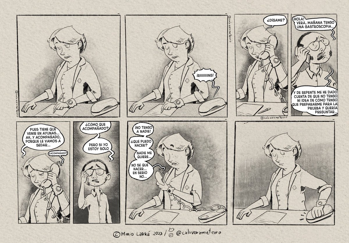 Comparte esta tira para mostrar las situaciones a las que se enfrentan los sanitarios 
--
#comic #comedy #tiracomica #manerobrushes #comicespañol #humorgrafico #triste #terapia  #lasaventurasdecalaverameteoro #comedia #risas #tirascomicas #sanidadpublica #vealmedico