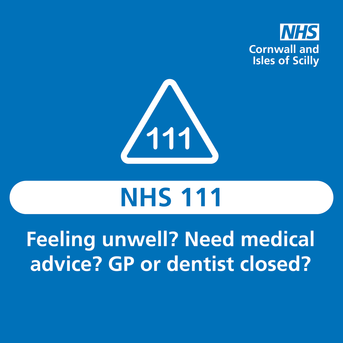 Need medical advice?
GP or dentist closed?
Unsure where to go?

Use 111.nhs.uk or call 111 to be assessed and directed to the nearest and most appropriate place for you.

Please don’t just turn up at the emergency department or minor injury unit.