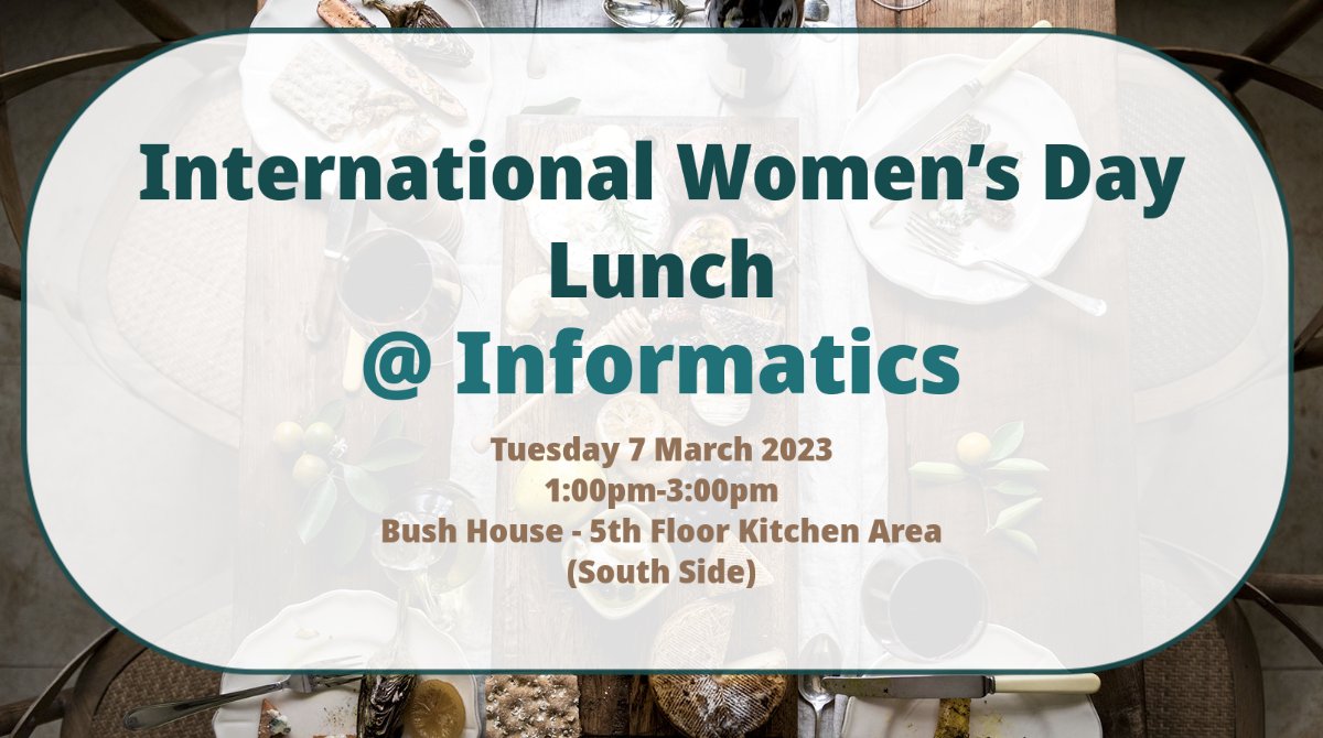 Women in Science at Informatics, KCL (@wis_kcl) on Twitter photo Please do come along and join us for a special International Women’s Day Networking Lunch.
⏲️ Tuesday, 7 March
📍Bush House - 5th Floor Kitchen area (South Side)
Open to all <a href="/KingsCollegeLon/">King's College London</a> students and staff
🎟️ bit.ly/3ESA4AP
<a href="/KingsNMES/">KCL Natural, Mathematical & Engineering Sciences</a> <a href="/kclinformatics/">KCL Informatics</a> Please do come along and join us for a special International Women’s Day Networking Lunch.
⏲️ Tuesday, 7 March
📍Bush House - 5th Floor Kitchen area (South Side)
Open to all <a href="/KingsCollegeLon/">King's College London</a> students and staff
🎟️ bit.ly/3ESA4AP
<a href="/KingsNMES/">KCL Natural, Mathematical & Engineering Sciences</a> <a href="/kclinformatics/">KCL Informatics</a>