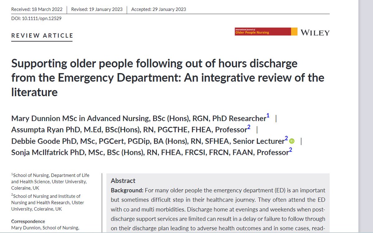 Great to see this integrative review in @IntJnlOPN on out of hours discharge from ED for older people. Well done @marydunnion1 First of many! #ulsternurse onlinelibrary.wiley.com/share/NAXUQDAR…