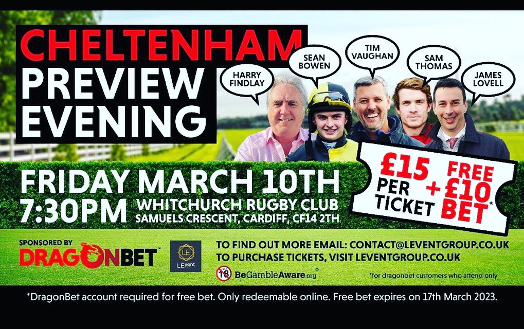 Have you seen our line up? 

Don’t miss our Cheltenham Preview Evening with  <a href="/sean_bowen_/">Sean Bowen</a>  @timvaughan_racing, Sam Thomas, <a href="/dragonbetwales/">DragonBet</a> very own <a href="/jimmylovell/">James lovell</a> and not to forget legendary gambler Harry Findlay! 

Limited tickets available! 

Book now leventgroup.co.uk/events-%26-tic…