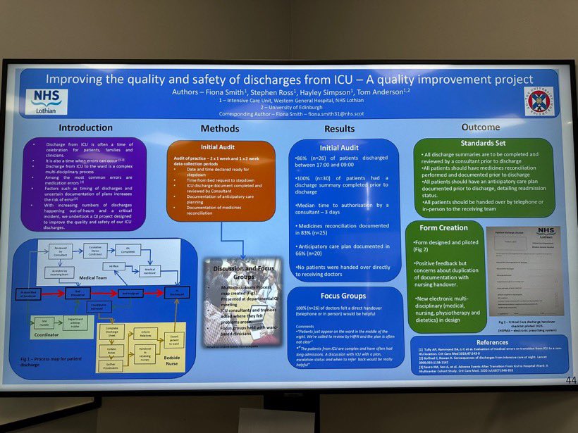 Some QI work on improving quality of ICU discharges from @teamwghicu on show at #SICS2023 - go have a peek if you are there!!