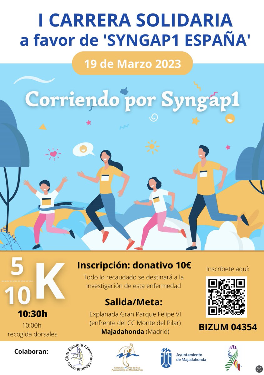 I Carrera Solidaria a favor de #Syngap1 

📆 Domingo, 19 de marzo
⏰ A las 10:30h
📍 En el Gran Parque Felipe VI

Inscríbete: 
🔗 cutt.ly/T8WuJo3