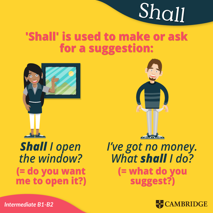 CambridgeEngSP's tweet image. Aunque el verbo #shall no se usa a menudo, es importante tenerlo en cuenta, ya que uno de sus usos más frecuentes es en preguntas, como los ejemplos que vamos a ver hoy 👀

📘 Lección extraída del libro English Grammar in Use.

#Cambrigde #LearnEnglish #Englishlesson #vocabulary