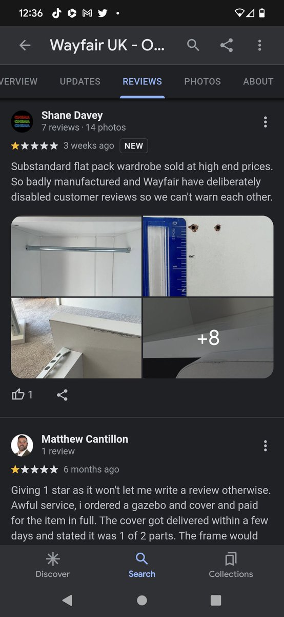 MissTash007's tweet photo. @Wayfair endless complaints on Google, yet they claim I'm the first to ever highlight their product is dangerous. https://t.co/NcnvfIgyU7