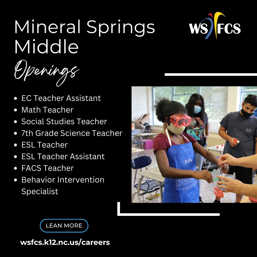 Mineral Springs Middle School is hiring! Join our team as an Educator and enjoy great benefits, an employee wellness program and leadership opportunities! Apply and upload your resume to wsfcs.k12.nc.us/careers.