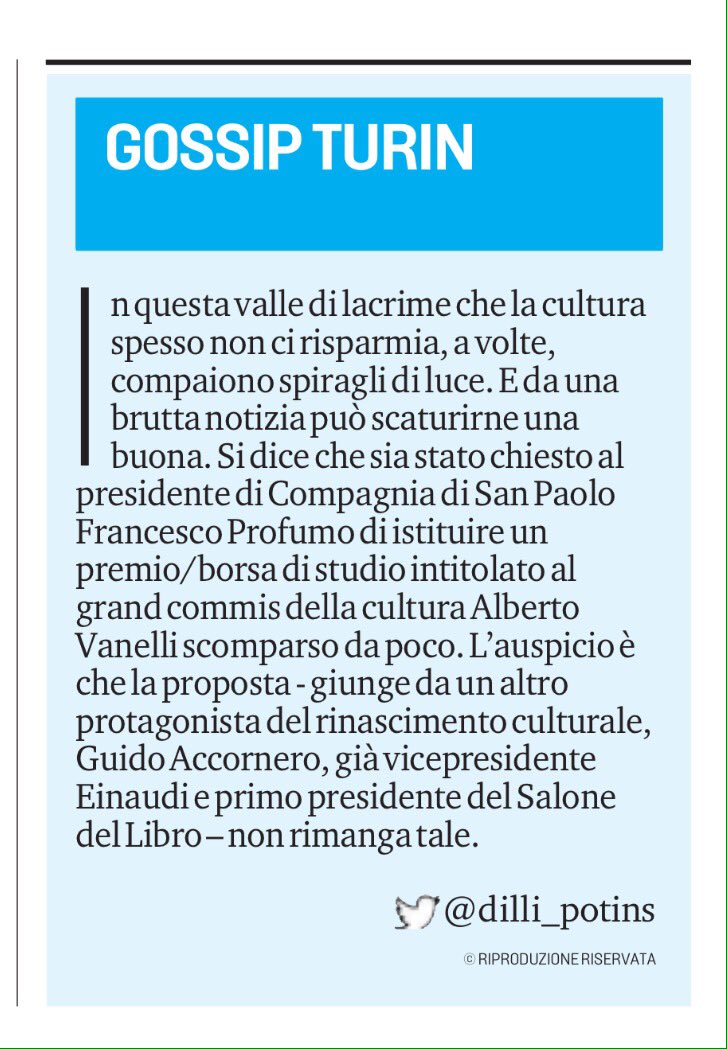 In questa valle di lacrime (forse) una buona notizia.
#gossipturin è in edicola su <a href="/LaStampa/">La Stampa</a> - <a href="/TorinoSette/">Torino Sette</a>