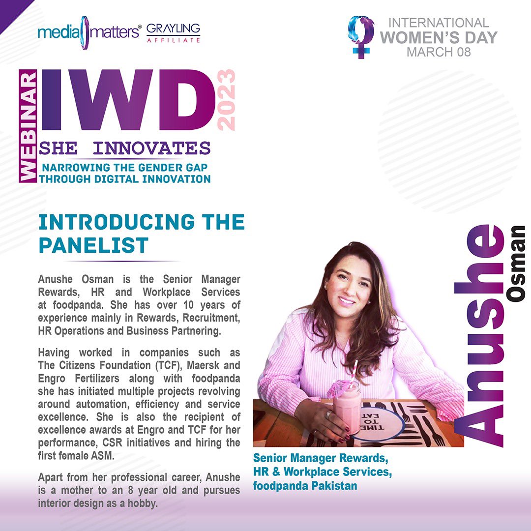 Media Matters (@mediamatterspk) on Twitter photo #MeetOurPanelists: Introducing Anushe Osman, Senior Manager Rewards HR & Workplace Services, at <a href="/foodpanda_pk/">foodpanda.pk</a> Pakistan who will be sharing her insights on how women can excel in the tech industry and overcome challenges.
#DigitAll #SheInnovates #IWD2023 #womenempowerment #MeetOurPanelists: Introducing Anushe Osman, Senior Manager Rewards HR & Workplace Services, at <a href="/foodpanda_pk/">foodpanda.pk</a> Pakistan who will be sharing her insights on how women can excel in the tech industry and overcome challenges.
#DigitAll #SheInnovates #IWD2023 #womenempowerment