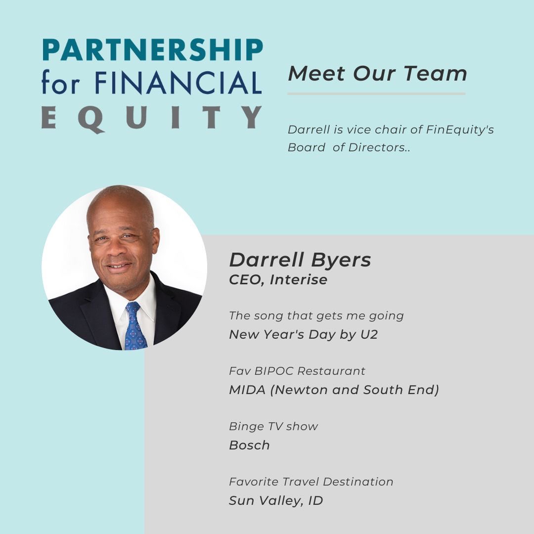 Our vice chair is <a href="/DarrellByers1/">Darrell Byers, CEO, Interise, @StreetwiseMBA</a> CEO of Interise. He is on a mission to build a more inclusive economy delivering <a href="/StreetWise_MBA/">Interise</a> to 9,000 small businesses in more 80 cities nationwide including locally in Boston and Darrell’s hometown of Springfield. #FinEquityFriday #mapoli