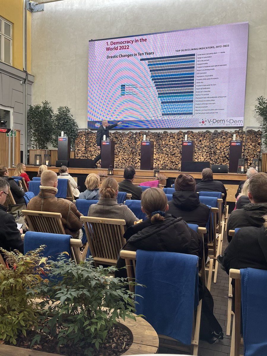 ekmansv's tweet photo. “Vi kommer ikke til at gøre jer gladere, men dog langt klogere”. @L_Pilegaard åbner dagens event om demokratiets globale tilstand med en dyster men sober kendsgerning. Demokratiet er under pres globalt, og 43% af verdens befolkning bor i dag i lande hvor autokratiet vinder frem. https://t.co/qiHQrVJEi0