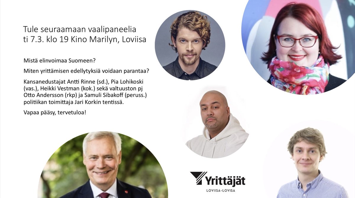 Nyt puhutaan yrittäjyydestä -miten luodaan vahvaa taloutta ja työpaikkoja ja yrityksille hyviä toimintaedellytyksiä. Kaikille avoin paneeli ti 7.3. klo 19, tuu mukaan! ⁦⁦<a href="/JKorkki/">Jari Korkki</a>⁩ juontaa.
⁦<a href="/suomenyrittajat/">Suomen Yrittäjät</a>⁩ ⁦<a href="/UYrittajat/">Uudenmaan Yrittajat</a>⁩ #nostetaanrimaa #eduskuntavaalit2023