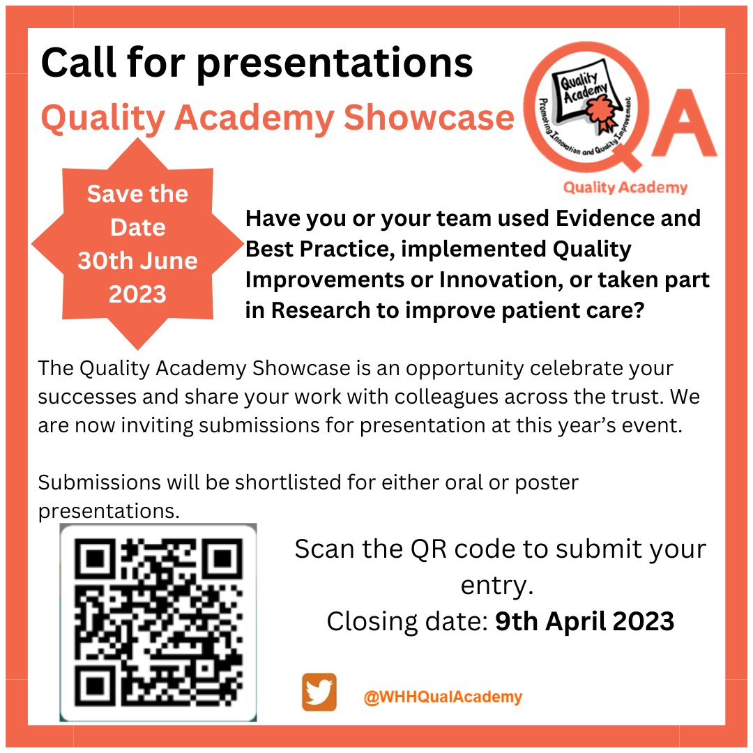 NCMQualAcademy's tweet photo. The Quality Academy Showcase is back for 2023! WHH staff, save the date and join us on 30/06 as we showcase some of the fantastic work going on at @WHHNHS.👏To submit your project for consideration visit https://t.co/j6oLjnG8Up 🥳@WHHResearchTeam @whh_Audit @WHHKES @Kimberley_S_J https://t.co/aKsrd10x2M