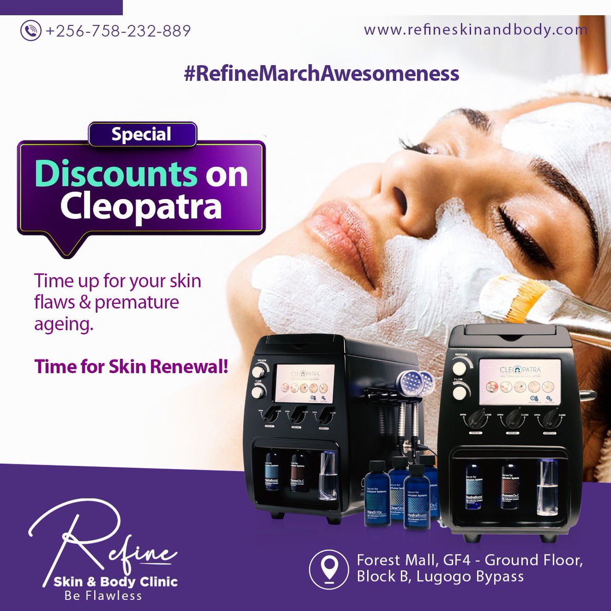 RefineClinicUG's tweet photo. It’s time up for your skin flaws &amp; premature ageing this March, thanks to our Special Discounts on Cleopatra, a facial treatment that gives the skin a total cleanse. 

📞 0758 232 889

#BeFlawless #CleopatraTherapy #AntiAgeing #BBTitans #BBTaitans #skincare #friday https://t.co/ZGWPhg1nzs
