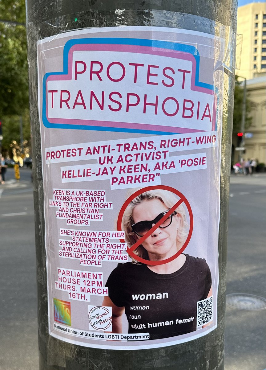 Just blown into Adelaide for 3 shows at the Gov. Appalled to find UK anti-trans activist Kellie-Jay Keen is coming to SA to stir up division. Not only anti-trans, she also accepts support from US anti-abortionists. Be a trans ally - protest her presence!
