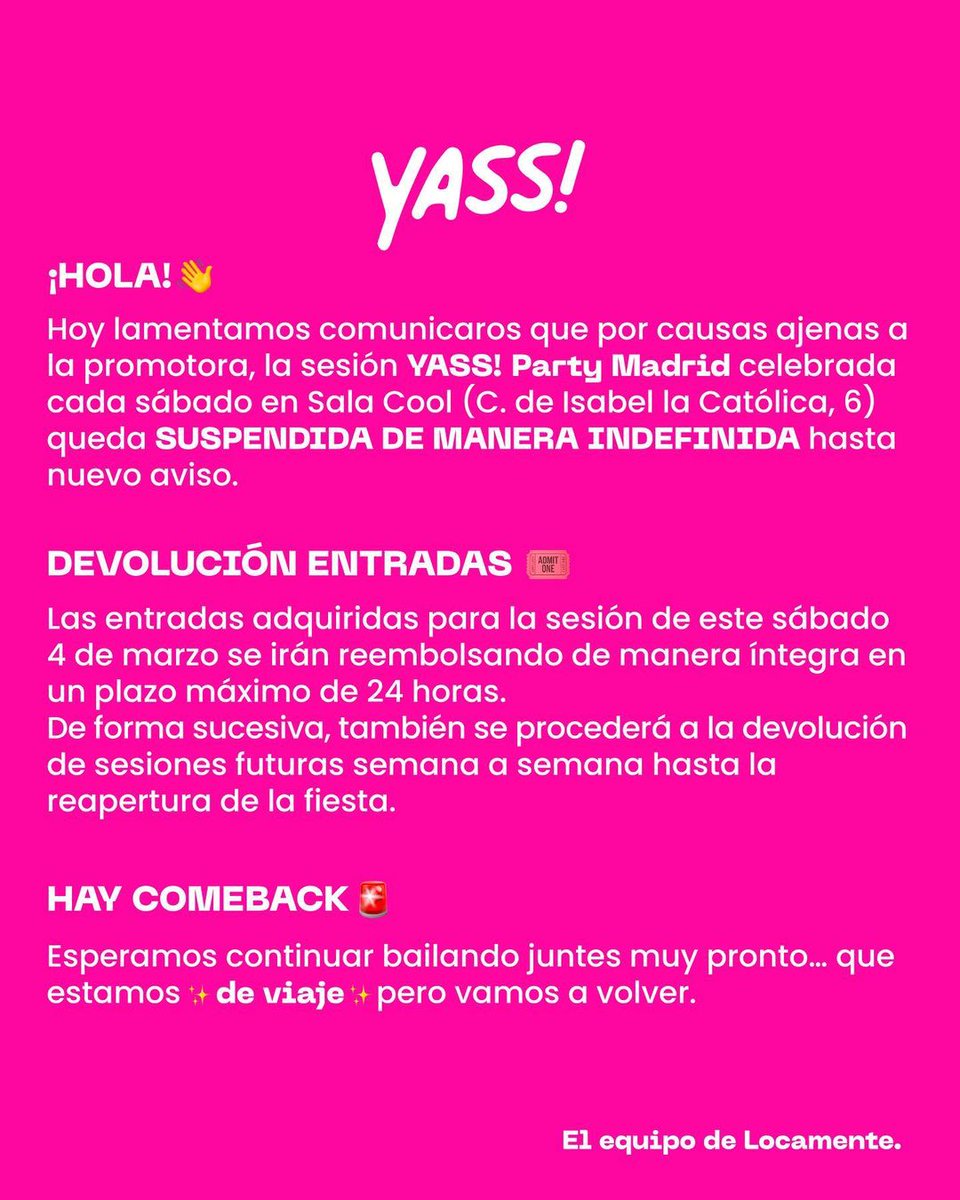 LGTBNews's tweet photo. ❌❌ El Ayuntamiento de @Madrid cierra la mítica #SalaCool (@SalaCoolMadrid) durante nueve meses.

Este sábado se iba a celebrar la fiesta 'YASS!' y la promotora ya ha anunciado que devolverá el importe de las entradas vendidas.

https://t.co/MYznC3IeUV https://t.co/LAuUVgHfA8