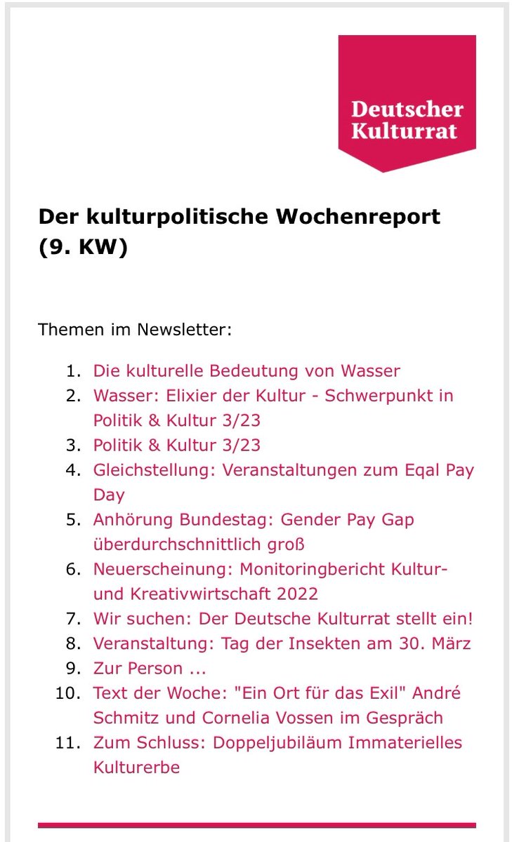 DKRKultur's tweet photo. Der neue kulturpolitische #Wochenreport von @olaf_zimmermann ist da! Themen sind: Die kulturelle Bedeutung von #Wasser, @pukzeitung 3/23, #Gleichstellung, #GenderPayGap, Monitoringbericht #Kultur- und #Kreativwirtschaft, #Stellenausschreibung u.v.m. --> https://t.co/lMjmVSte5X https://t.co/s4fMv45Foc