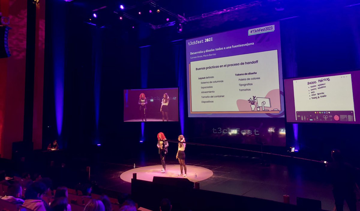 claraibars's tweet photo. Empezando el día en el auditorio del #T3chFest2023 con @carmenansio y @marie_nei hablando de desarrollo, diseño y @figma 🤙🏾 https://t.co/JvzfyNkpSk