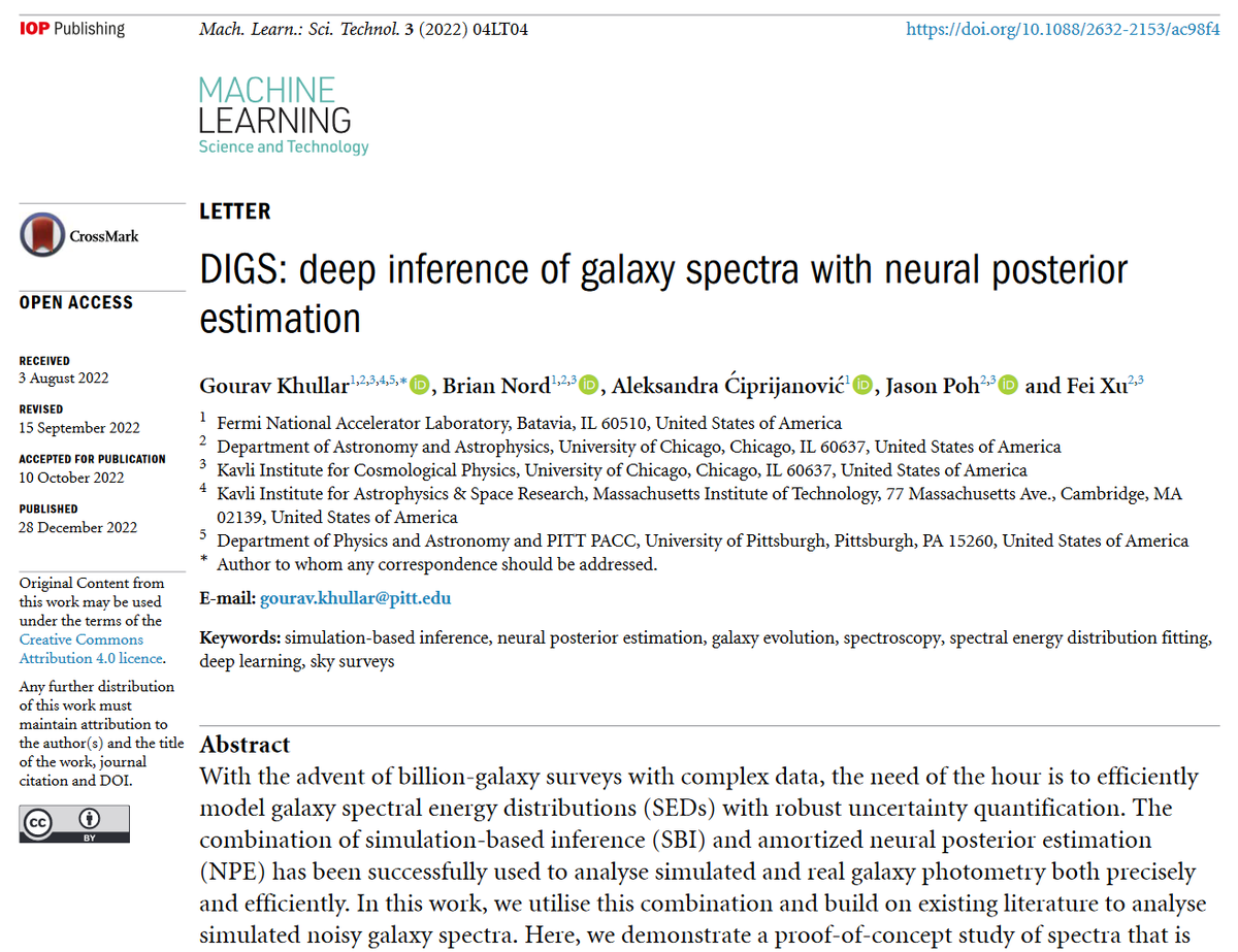 MLSTjournal's tweet photo. 'DIGS: deep inference of #galaxy spectra with neural posterior estimation' by @isskywalker @ACiprijanovic @iamstarnord et al @Fermilab @PittDietrich @deepskieslab @MITKavli @UChicagoPSD @UChicagoAstro hits 500 downloads! https://t.co/Q0VssHlQoB #machinelearning #astrophysics #AI https://t.co/udFo7xw0tt