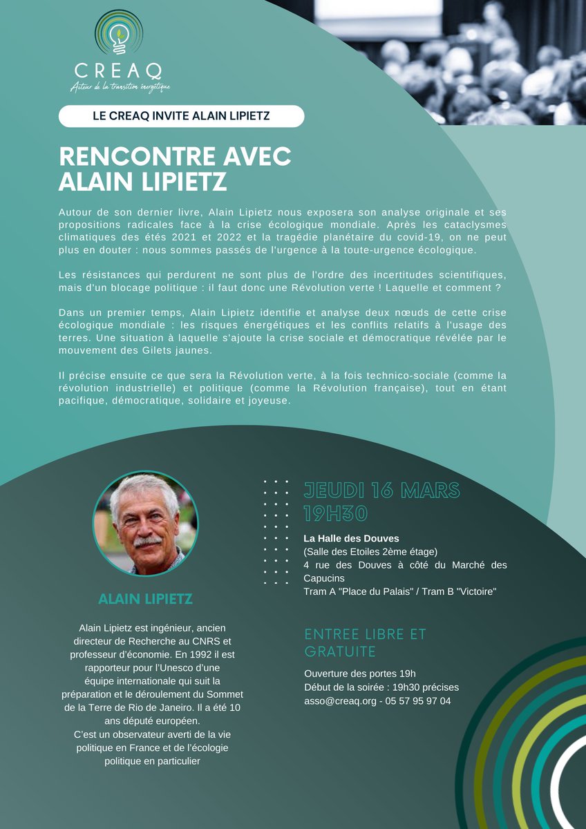 AssoCreaq's tweet photo. [#conférence]

🔜Le CREAQ organise le 16 mars prochain une conférence avec @alainlipietz autour de son livre "Face à la toute-urgence écologique, la révolution verte". 

Découvrez toutes les informations pour assister à la rencontre ⬇️ https://t.co/Qbk9dAhD33