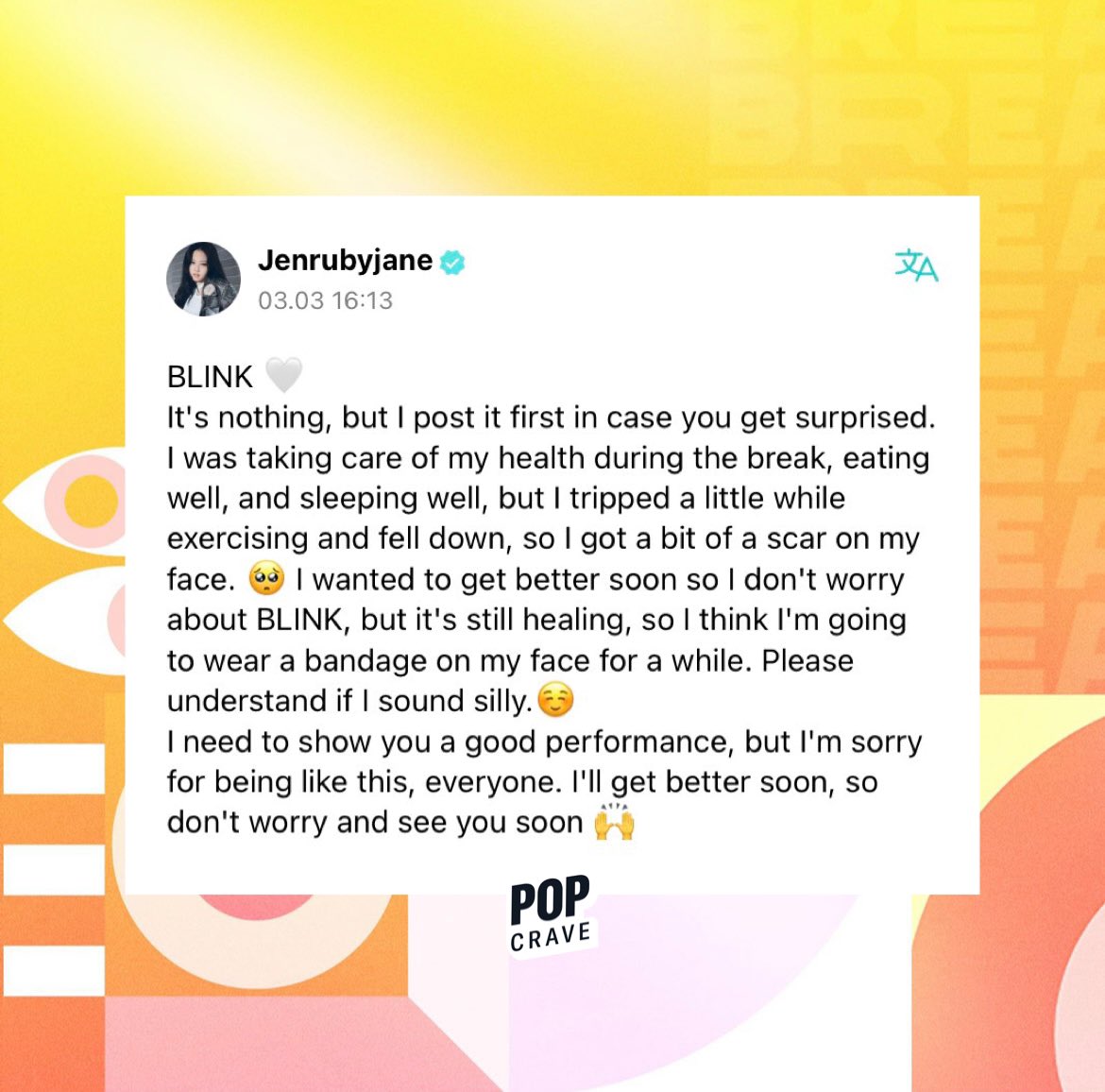 PopCrave's tweet photo. #BLACKPINK’s #JENNIE reveals that she suffered an injury to the face while exercising and will be wearing a bandage for the time being as she recovers. https://t.co/6gHPWreU3u