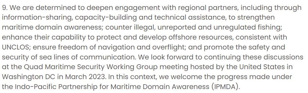 supbrow's tweet image. 3/ "We look forward to continuing these discussions at the Quad Maritime Security Working Group meeting hosted by the US in Washington DC in March 2023. In this context, we welcome the progress made under the IndoPacific Partnership for #MaritimeDomainAwareness (#IPMDA)"