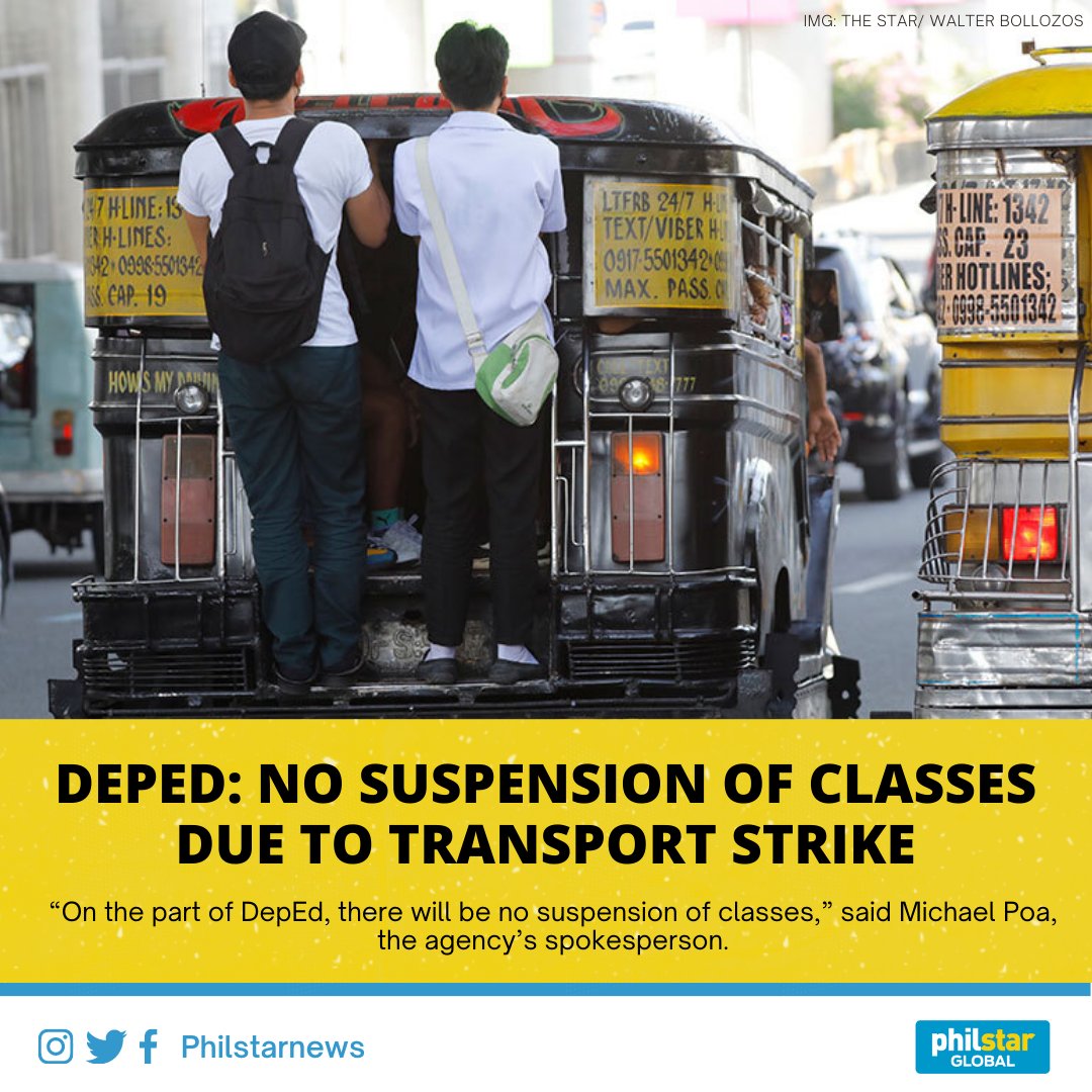 PhilstarNews's tweet photo. MAY PASOK PA RIN

The Department of Education on Friday said that classes will not be suspended despite the week-long transport strike to be launched by jeepney and UV Express drivers on Monday.

Read: https://t.co/3q3T6Rwbuk https://t.co/URiJIPjq5r