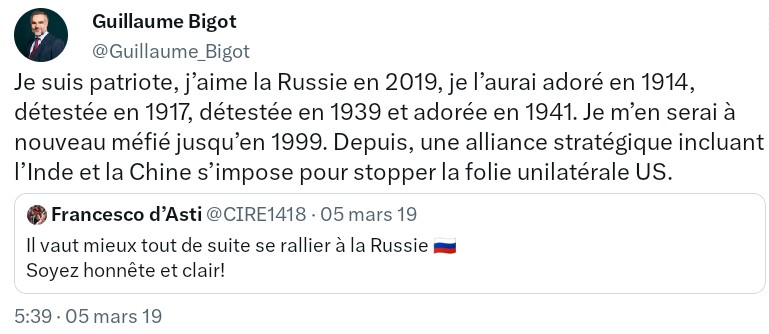 CivisAtheos's tweet image. Pour connaître un peu mieux l&apos;inénarrable @Guillaume_Bigot qui collabore avec #Cnews.
En 2014 conflit Syrien, il appelait à armer Bachar El Assad &amp;amp; à mobiliser la Russie (Il tague #Asselineau #Sapir #Husson)
Et il aime beaucoup mais alors vraiment beaucoup la Russie de Poutine.