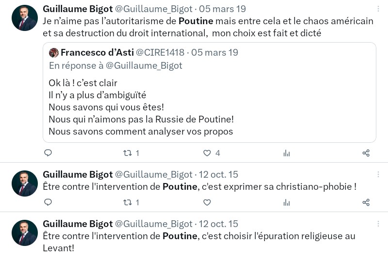 CivisAtheos's tweet image. Pour connaître un peu mieux l&apos;inénarrable @Guillaume_Bigot qui collabore avec #Cnews.
En 2014 conflit Syrien, il appelait à armer Bachar El Assad &amp;amp; à mobiliser la Russie (Il tague #Asselineau #Sapir #Husson)
Et il aime beaucoup mais alors vraiment beaucoup la Russie de Poutine.