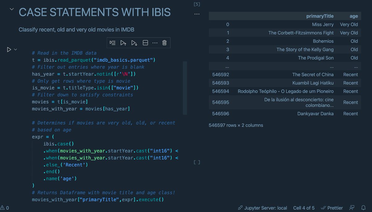 IbisData's tweet image. Here&apos;s todays Friday tip🏖️: Case statements are a powerful tool in #SQL. Did you know Ibis makes sure you don’t have to give that up? 

Here’s an example of how to use `case()` to classify movies in the #IMDB dataset by age✅: