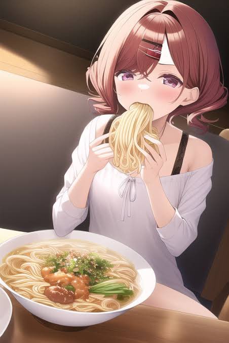 higuchi madoka 1girl eating food noodles solo hair ornament hairclip  illustration images