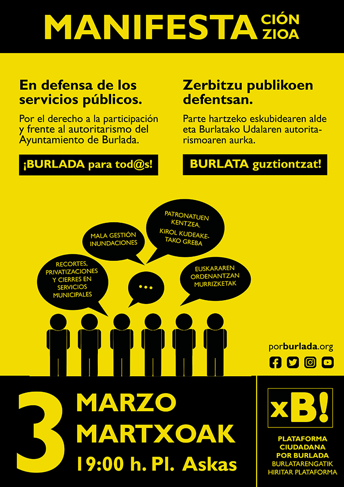 PorBurlada's tweet photo. #Burlata guztiontzat!
Gaur ostirala, martxoak 3, 19:00etan zerbitzu publikoen, herritarren parte-hartzearen eta eskubideen aldeko manifestazioa.
Parte hartu!

#BurladaParaTodxs 
#GuztiontzakoBurlata https://t.co/3dzvFx6z0L