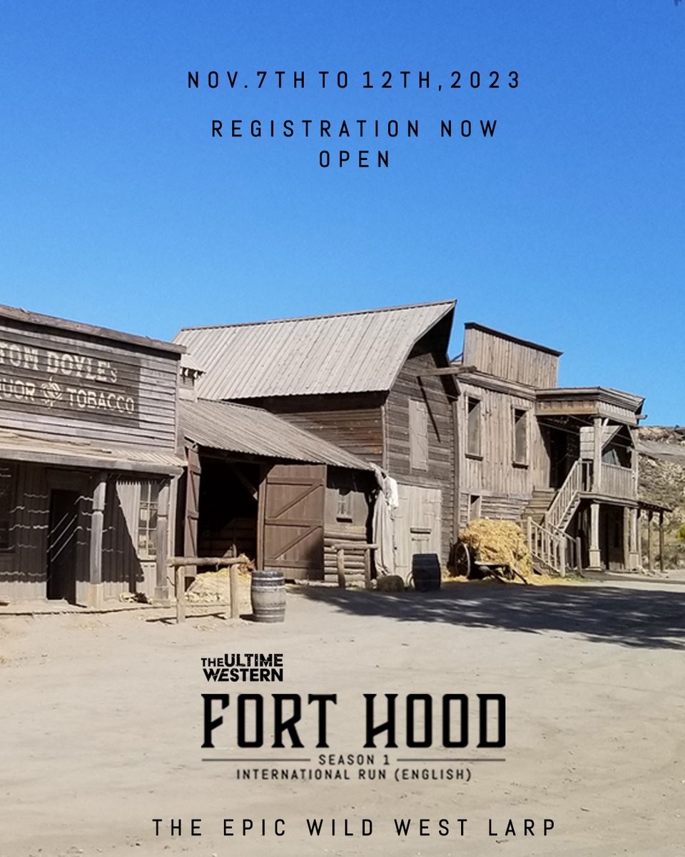 UltimeWestern's tweet photo. The #UltimeWestern #LARP "FortHood" International Run (in english) is now OPEN!
Nov 7th to 12th, 2023 - 6 days stay/4 days #larping in Andalusia (Spain) - Accommodation included - 90 playing characters - 80 acres in #western movie settings
LARP details👉https://t.co/t6sB8JwsC6 https://t.co/Uyo5DCXwPx
