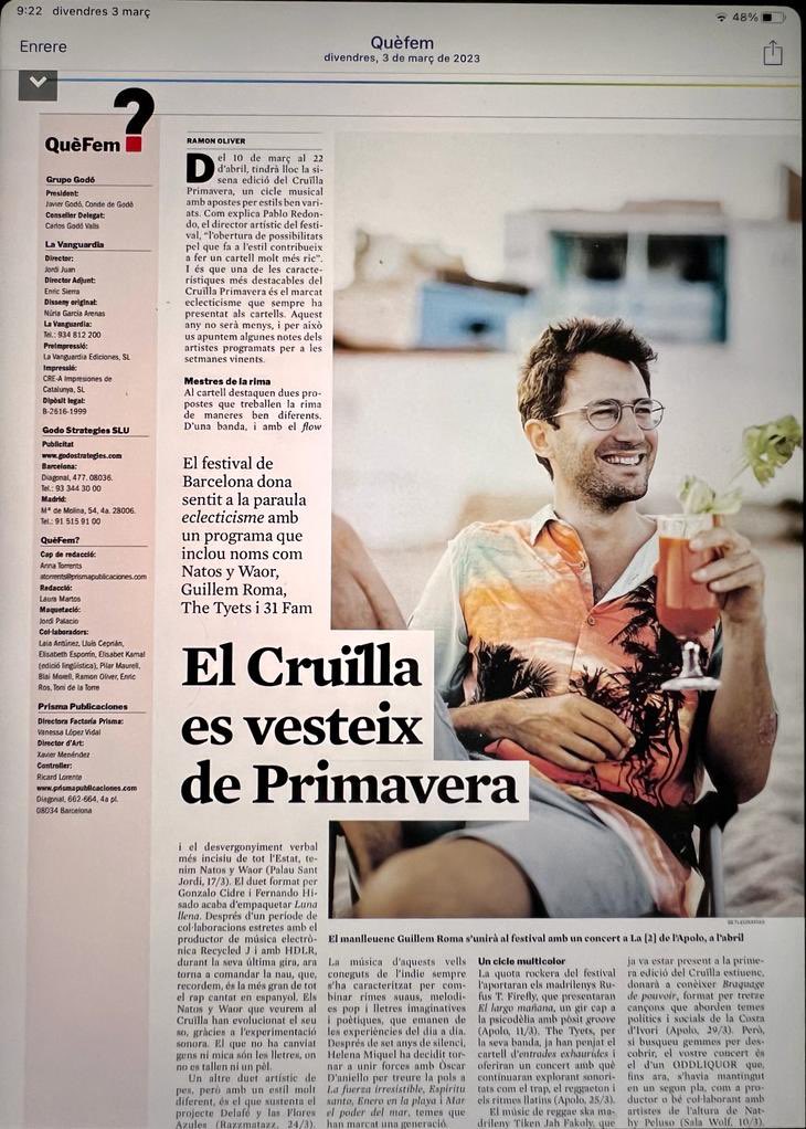 Guillem Roma (@guillemromatort) on Twitter photo No teniu plan??
Al <a href="/QFsuplement/">QuèFem?</a> de <a href="/LaVanguardia/">La Vanguardia</a> ho tenen clar! Si no us voleu perdre el concert de presentació del nou disc a @Sala_Apolo pel <a href="/cruillabcn/">FESTIVAL CRUÏLLA</a> #primavera compreu entrades aquí: concerts.cruillabarcelona.com/ca/artists/gui… No teniu plan??
Al <a href="/QFsuplement/">QuèFem?</a> de <a href="/LaVanguardia/">La Vanguardia</a> ho tenen clar! Si no us voleu perdre el concert de presentació del nou disc a @Sala_Apolo pel <a href="/cruillabcn/">FESTIVAL CRUÏLLA</a> #primavera compreu entrades aquí: concerts.cruillabarcelona.com/ca/artists/gui…