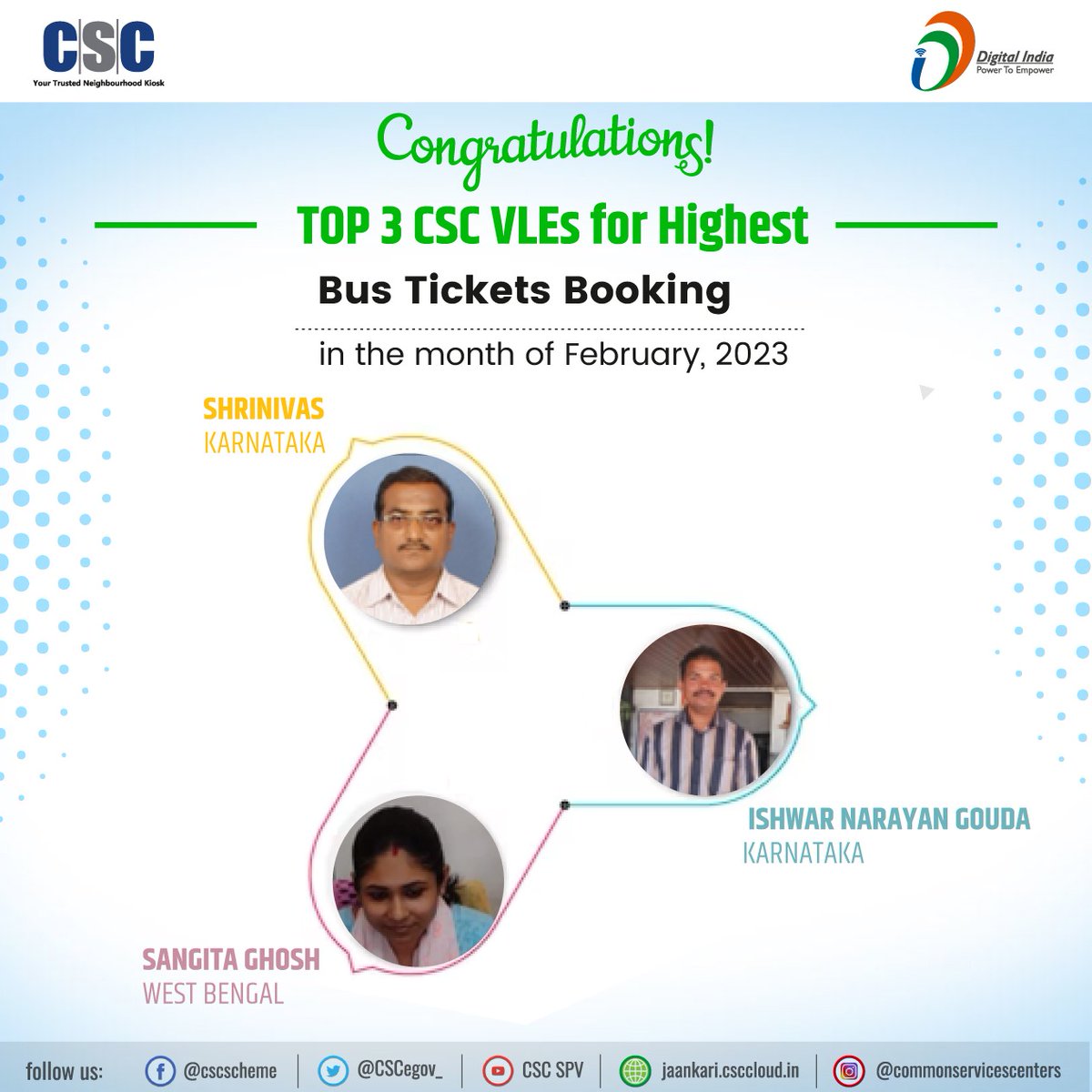 CscSafar's tweet image. Glad to Inform!

Congratulations to Top 3 CSC VLEs for highest BUS tickets booking in the month of February&apos;23..

wish you all the best for your future endeavors💐

#cscsafar #csc #cscbusbooking #digitalindia