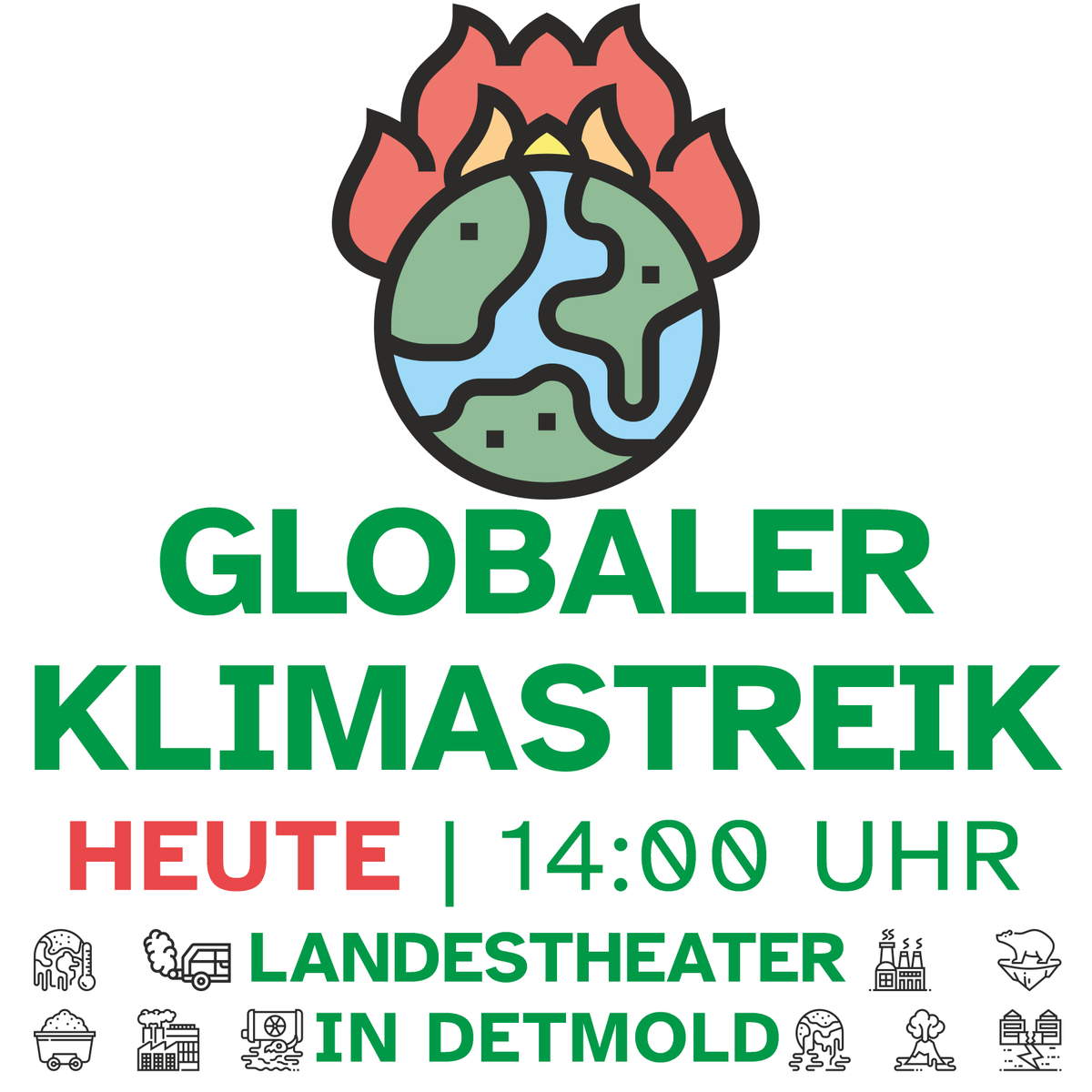 Heute ist es wieder so weit, ein Globaler Klimastreik in Detmold!‼️

Heute 📅 | 14:00 Uhr 🕜 | Landestheather in Detmold 📍 | Globaler Klimastreik 💚 🌍 🌱

#FridaysForFuture #FFFDetmold