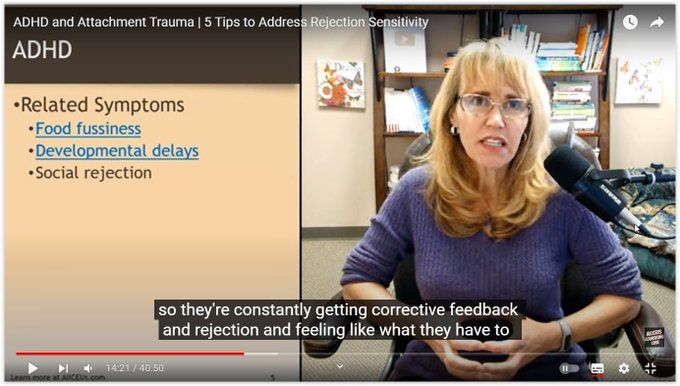 ADHD and Attachment Trauma | 5 Tips to Address Rejection Sensitivity
https://www.youtube.com/watch?v=I7-J2Jjax8Q
27,206 views  Premiered on 21 Oct 2022  Recent Uploads with Tips for Improving Mental Health
Dr. Dawn-Elise Snipes is a Licensed Professional Counselor and Qualified Clinical Supervisor.  She received her PhD in Mental Health Counseling from the University of Florida in 2002.  In addition to being a practicing clinician, she has provided training to counselors, social workers, nurses and case managers internationally since 2006 through AllCEUs.com 📢SUBSCRIBE and click the BELL to get notified when new videos are uploaded. 
If this video has helped you, please consider donating to support the channel Cashapp: 💲DocSnipes  Paypal: https://DocSnipes.com/Donate  YouTube:  DocSnipes.com/Join
💻 Online course based on this video can be found at 
https://AllCEUs.com Unlimited continuing education CEUs $59 
⭐ Specialty Certificate Programs and Masterclasses in Case Management and C