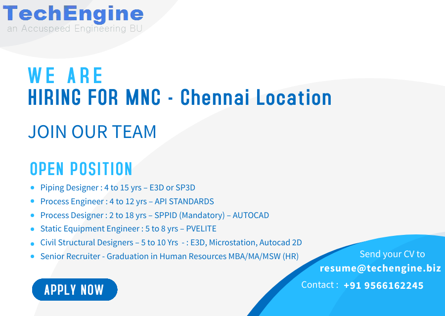 AccuspeedE's tweet image. We are hiring for MNC - Chennai Location

*For More Details*
Contact- +91 9566162245

CLICK ON LINK TO APPLY JOB - lnkd.in/gJSVZrni

#careeropportunities #opportunity #pipingengineer #designer #MNCcompany #MNCJobs #hr #humanresources #structural #designers