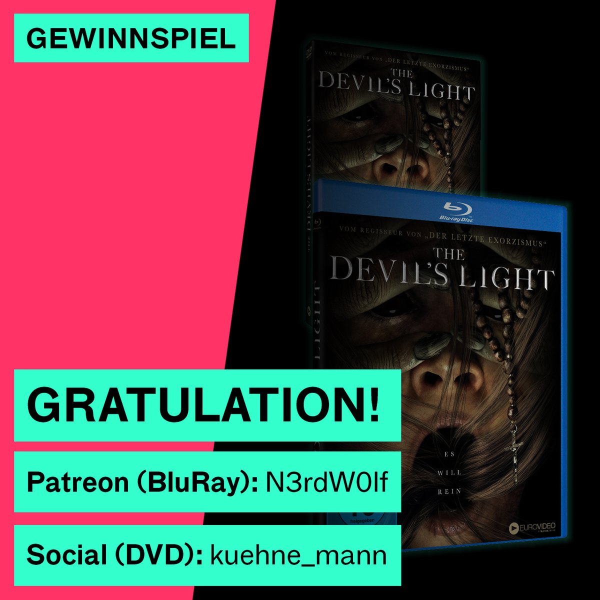 RuheImSaal's tweet photo. Der Teufel hat ein neues Zuhause: Wir gratulieren ganz herzlich den Gewinnern, die bei unseren #TheDevilsLight-Gewinnspiel mitgemacht haben. 🥳🎊
Viel Spaß damit & wir hoffen, der Film gefällt euch 👹 https://t.co/0qpytDo4IQ