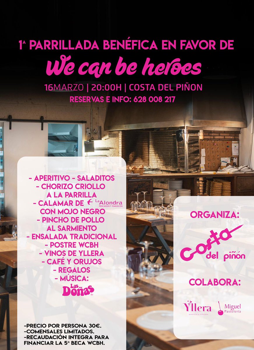 costadelpinon's tweet photo. 💖I PARRRILLADA BENÉFICA EN FAVOR DE WE CAN BE HEROES💖

¡Apunta!
🗓️ Jueves 16 de marzo
🕗 20:00h.
📌 Costa del Piñón
📱 Reservas e info ➡️ 628 008 217

¡Os esperamos! https://t.co/Z4Qc6cjwGh