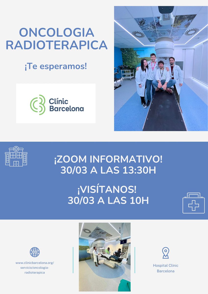 🟢🟢🟢¿Te planteas hacer Oncología Radioterápica en 
<a href="/hospitalclinic/">Hospital Clínic</a>
 ? ⚡️  ♋️ 
Resolvemos todas vuestras dudas, Portes obertes el 29.03 presencial o en el ZOOM informativo del 30.03 a las 13:30 
Escríbenos #MIR2023 #MIR #OncRad #OncRadClinic