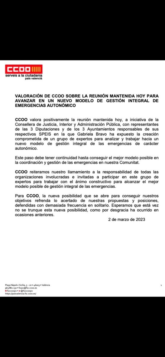 BCcoopv's tweet photo. Un gran paso de cara a la coordinación integral de las emergencias en la #comunitatvalenciana , camino que solo recorría #ccoo y ahora se suman el resto sindicatos y Administraciones. 
Muy buena noticia para los #valencianos #valencianas #bomberos y #bomberas 
#CCOO https://t.co/2z5JgkTu0v
