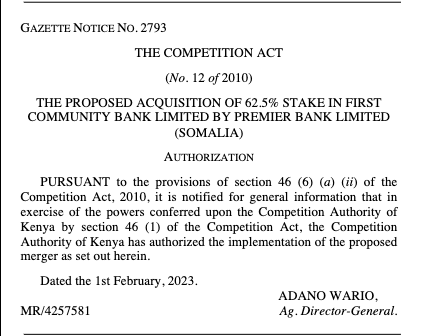 AmbokoJH's tweet photo. Banks in Somalia are now entering the Kenyan market. Premier Bank Ltd (private Sharia-compliant  bank incorporated in Somalia in 2013, licensed by Central Bank of Somalia in 2014) receives Competition Authority's approval to acquire a 62.5% stake in Kenya's First Community Bank. https://t.co/qq6NLVCiU7
