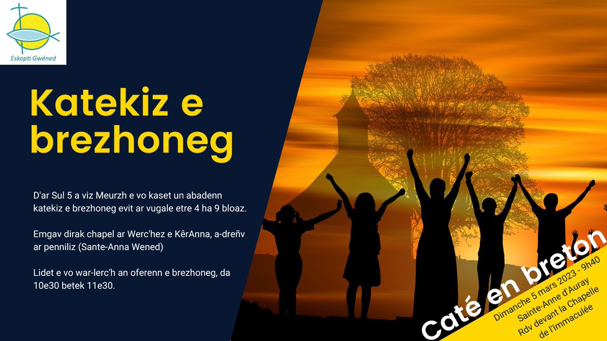 Katekiz e #brezhoneg 'benn Disul (05/03) ! 🙏

Digor d'an holl vugale etre 4 ha 9 bloaz, emgav da 9e40 dirak chapel ar Werc'hez e KêrAnna (#SantezAnna Wened). 🚸

Lidet e vo an oferenn e #bzhg war-lerc'h da 10e30.