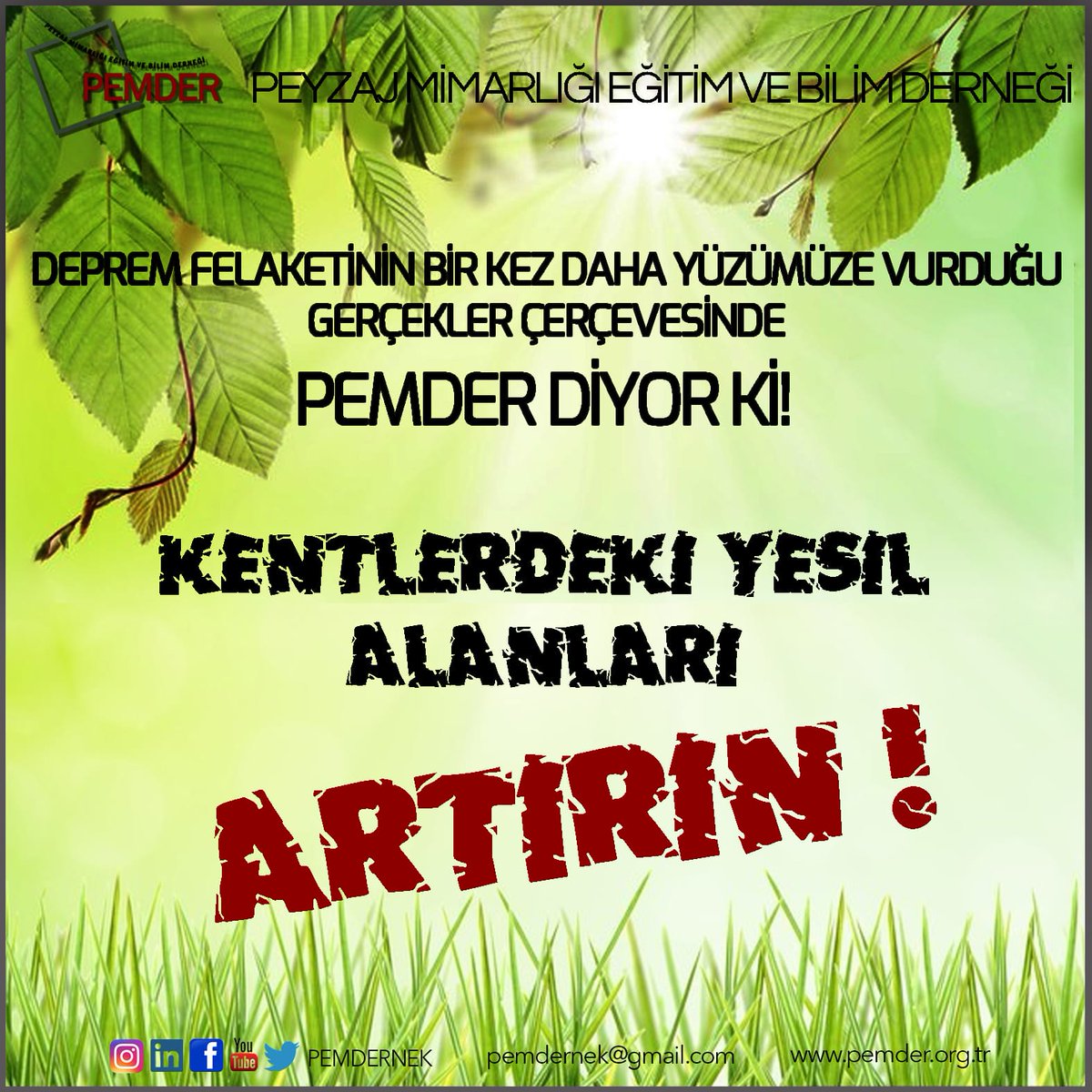 pmdernek's tweet photo. DEPREM DEKLARASYONU – 2 :
KENTLERDEKİ YEŞİL ALANLARI ARTIRIN !
Yeşil alanlar sadece rekreasyonel alanlar olmayıp, kent estetiğine, halk sağlığına, kent ekolojisine katkı sağlama, deprem ve doğal afet durumlarında sığınma yeri olma ve daha bir çok işlevlere sahiptir. https://t.co/BoYjAFhdgS