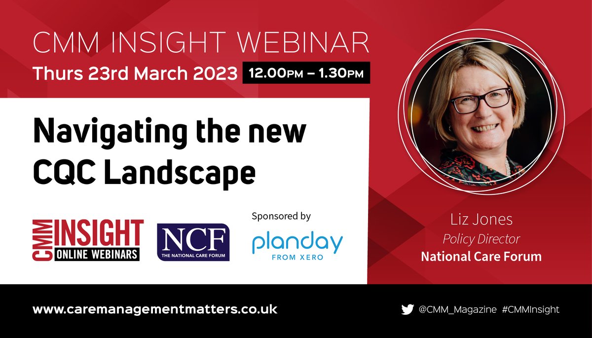 NCFCareForum's tweet image. We have the first of the #CMMInsight webinar series coming up soon. Sponsored by @Planday @NCF_Liz Policy Director will be discussing the changing landscape at CQC, to help adult social care providers to navigate the new approach.
Sign up for free now: 
caremanagementmatters.co.uk/event/cqc-upda…