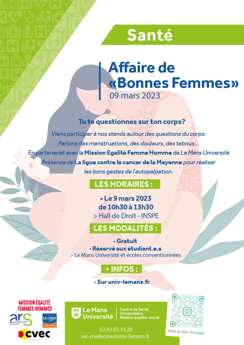 [Santé] ❓👩‍🦰 Tu te questionnes sur ton corps ? Rendez-vous le 9 mars prochain à partir de 10h30 pour échanger avec l'équipe du centre de santé de <a href="/LeMansUniv/">Le Mans Université</a> et la <a href="/laliguecancer/">La Ligue contre le cancer</a> 
<a href="/lestudio_laval/">Le Studio Laval</a> <a href="/bdemmilaval/">BDE MMI Laval</a> <a href="/AdiilLaval/">Adiil</a> <a href="/ars_pdl/">ARS Pays de la Loire</a>  #santé #prevention #femme #corps #cancer