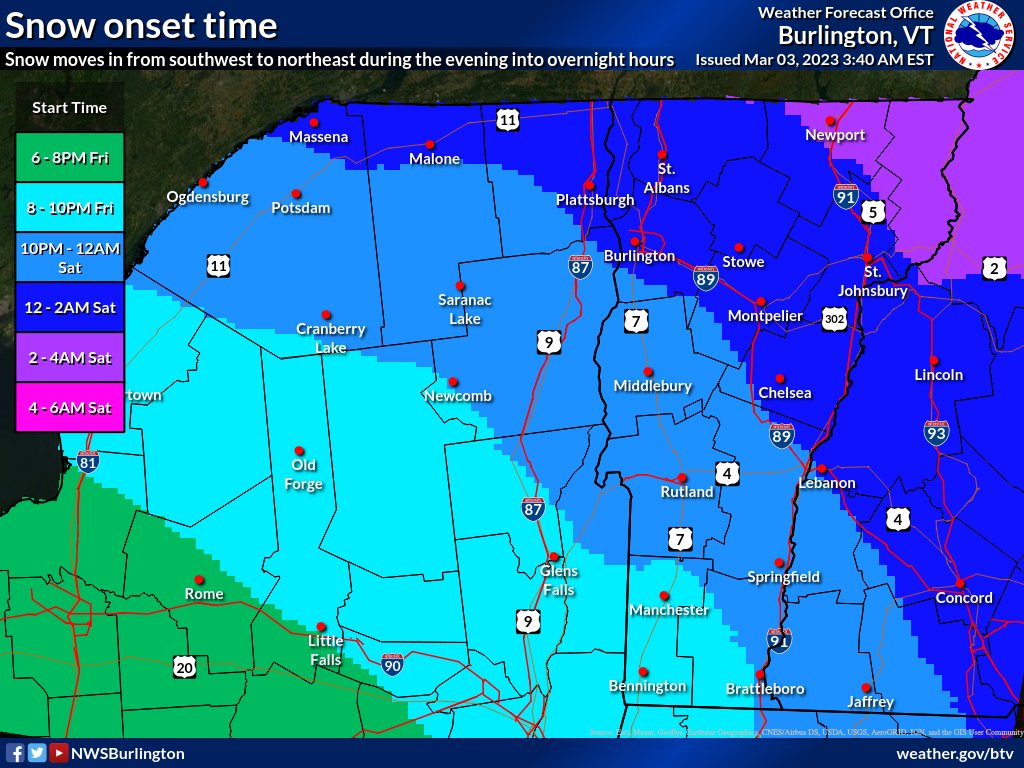 NWSBurlington's tweet photo. [3/3 4 AM] A Winter Storm Warning is now in effect for all of VT and northern NY. Snow begins late this evening, becoming heavy overnight into Sat morning before tapering off Sat afternoon. Visit https://t.co/bWrAqA7uKd for the latest storm forecast #snow #vtwx #nywx https://t.co/8K8bnYS5Rp